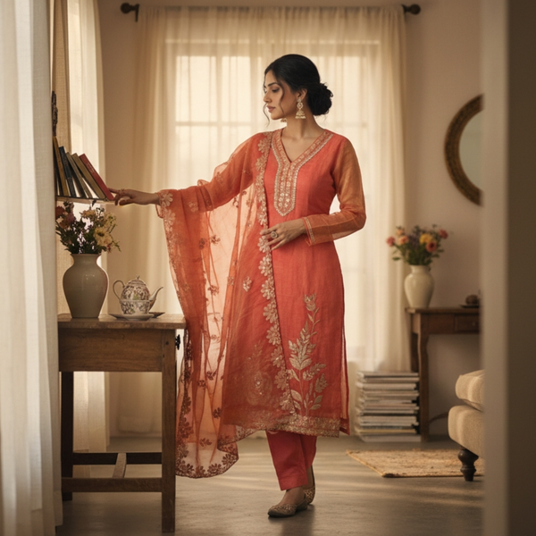 Orange Embroidered Kurta Set with Dupatta