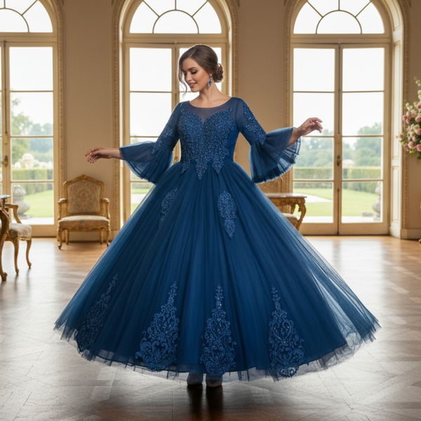 Royal Blue Embroidered Net Gown with Flared Sleeves