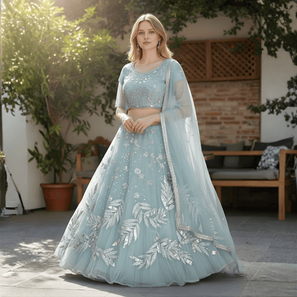 Mint Blue Embroidered Lehenga Choli Set with Net Dupatta Product Category