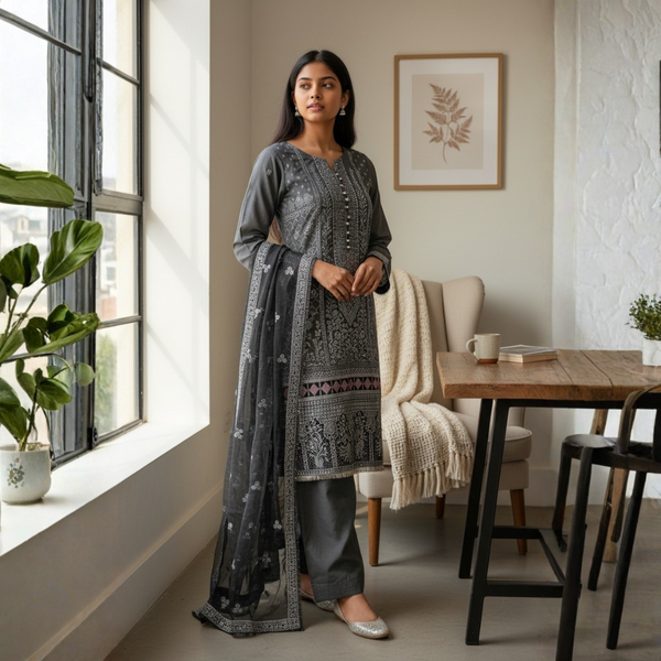 Elegant Black Printed Suit Set with Dupatta